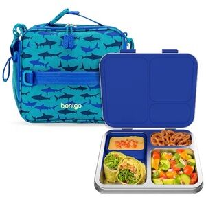 Bentgo Kids Insulated Lunch Bag and Stainless Steel Lunch Box Set (Sharks)